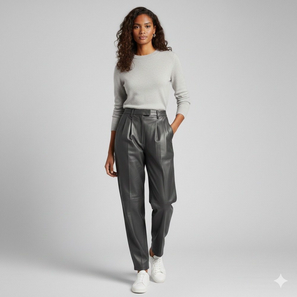 VTG West Bay Women Sz 14 Charcoal‎ Gray Lamb Napa Leather Pleated Trousers Pants